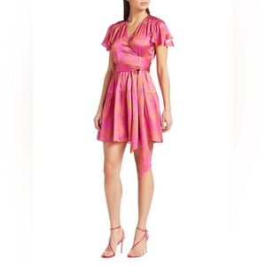 Tanya Taylor Paris Hammered Silk Wrap Dress in Ikat Flower Pink size 4